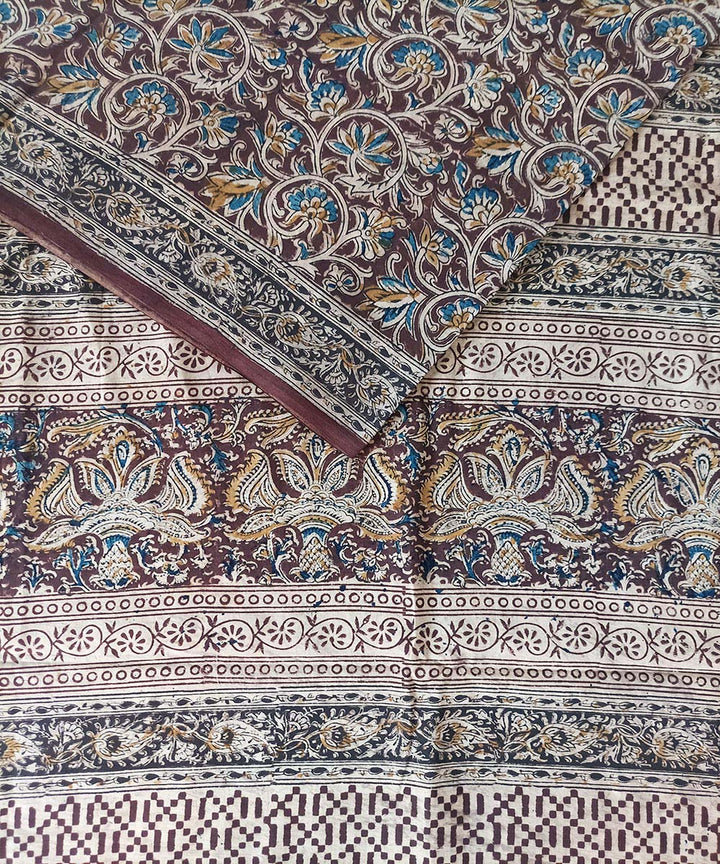 Offwhite black kalamkari cotton hand printed saree