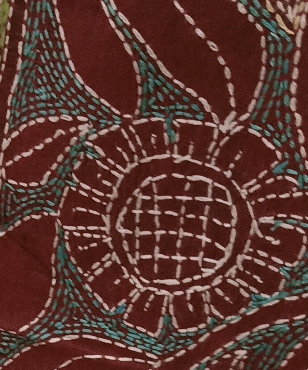 Rust hand embroidered silk kantha stitch stole