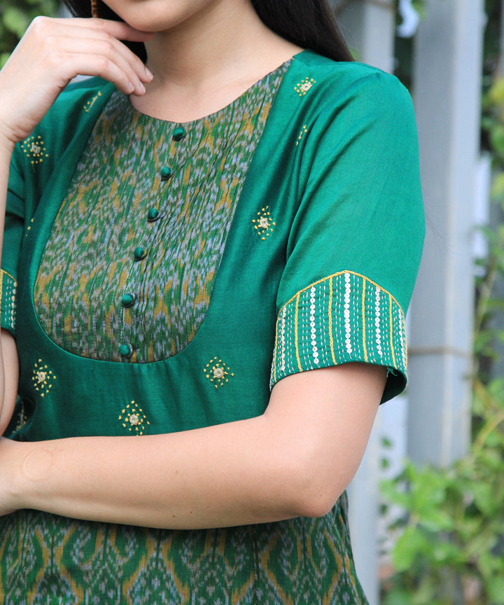 Green chanderi handwoven ikat hand embroidery gown