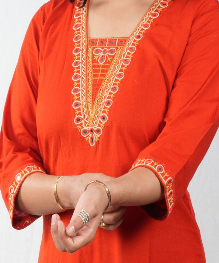 Orange Soi Hand Embroidery Cotton Kurti
