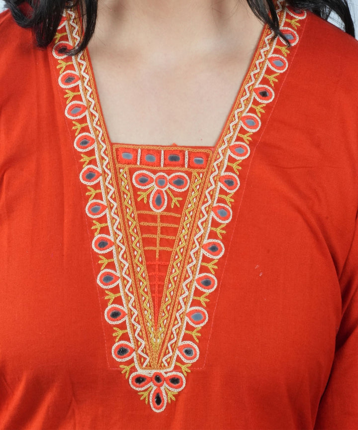 Orange Soi Hand Embroidery Cotton Kurti