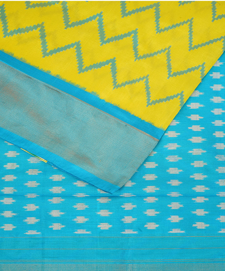 Yellow cyan blue silk handloom pochampally ikat saree