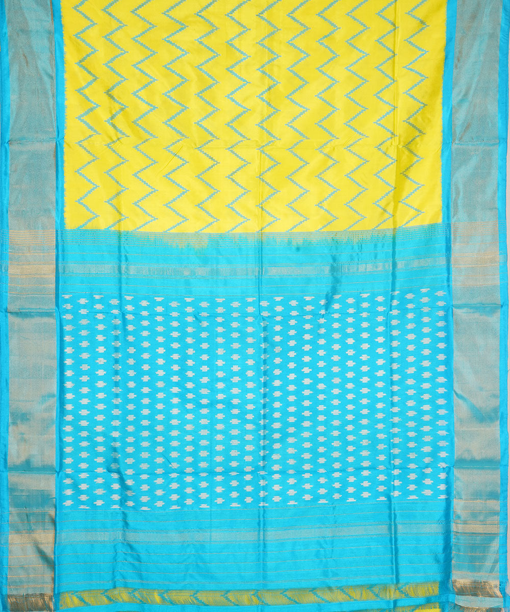 Yellow cyan blue silk handloom pochampally ikat saree