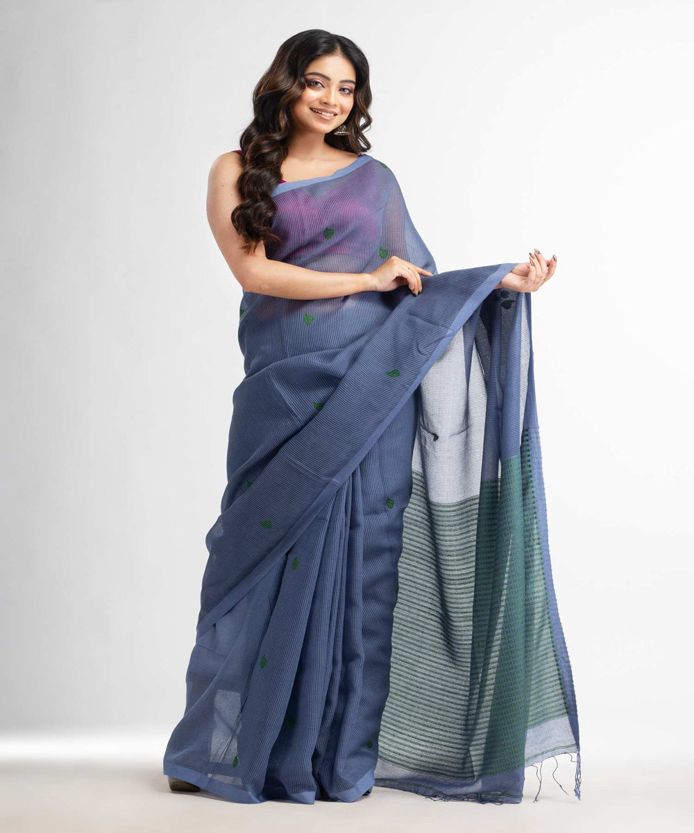 Blue slate grey handwoven bengal cotton silk saree