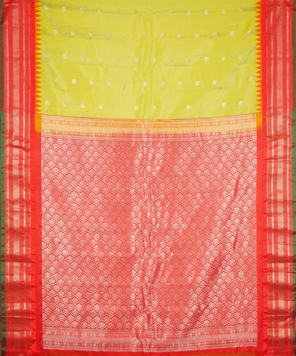 Lime green pink handwoven gadwal silk saree