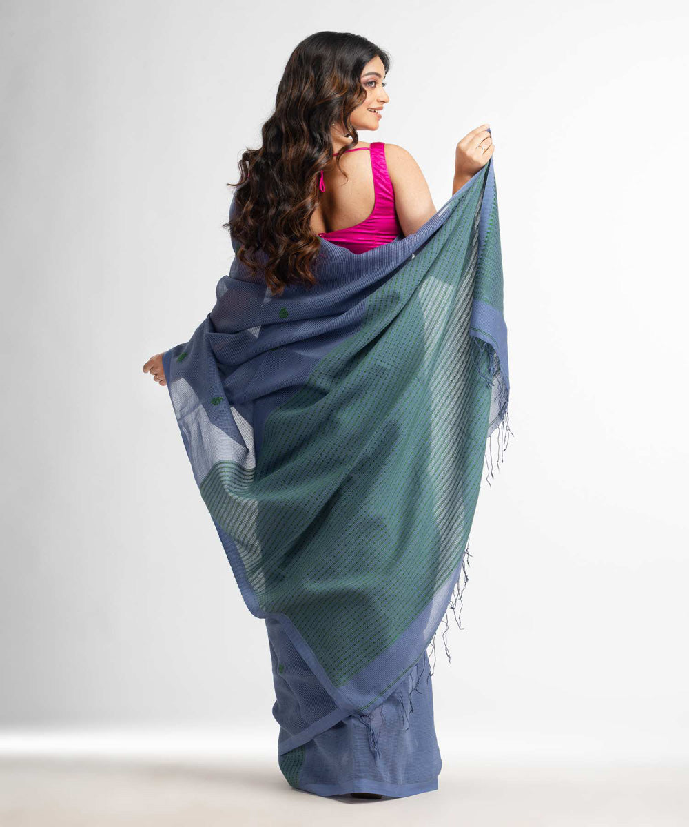 Blue slate grey handwoven bengal cotton silk saree