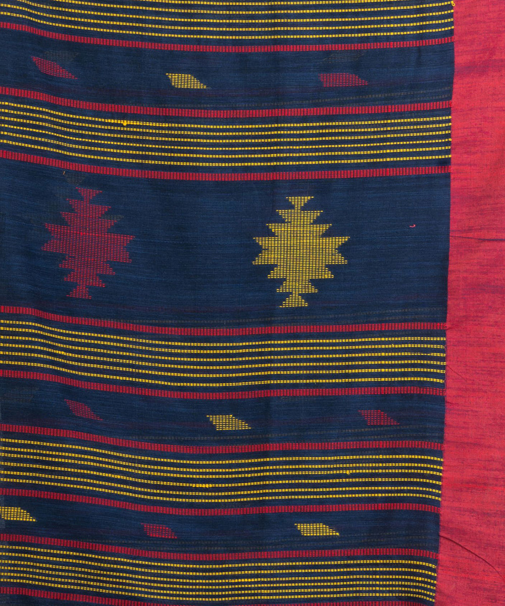Navy blue red handwoven cotton bengal saree