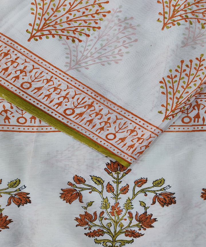 Off white hand block printed maheshwari cotton silk saree