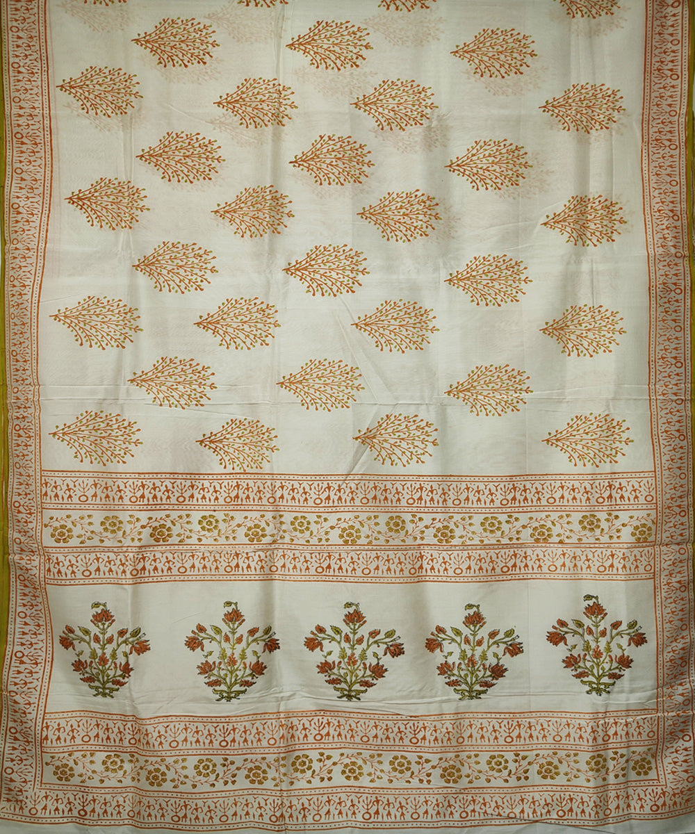 Off white hand block printed maheshwari cotton silk saree