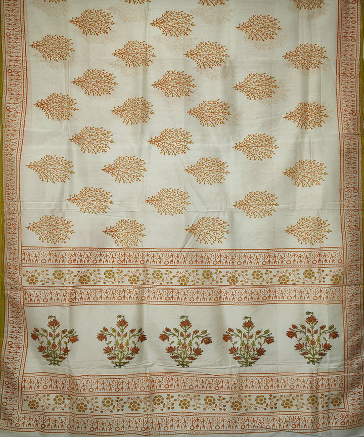 Off white hand block printed maheshwari cotton silk saree