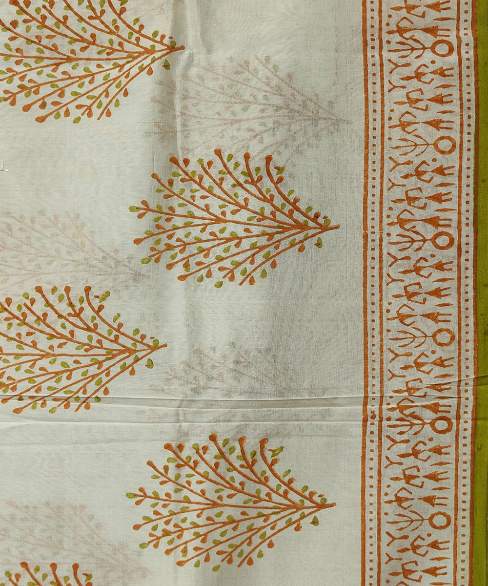 Off white hand block printed maheshwari cotton silk saree