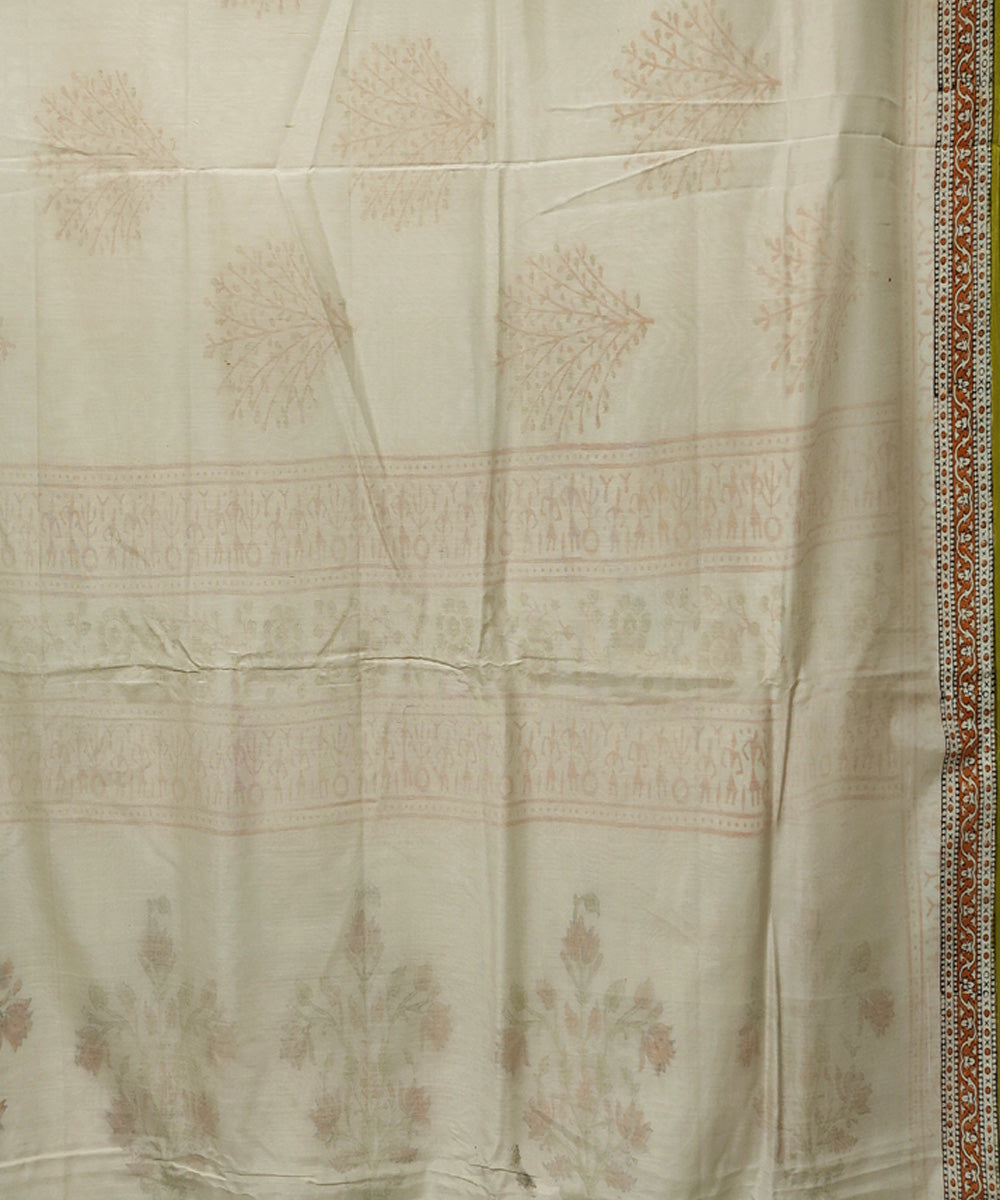 Off white hand block printed maheshwari cotton silk saree