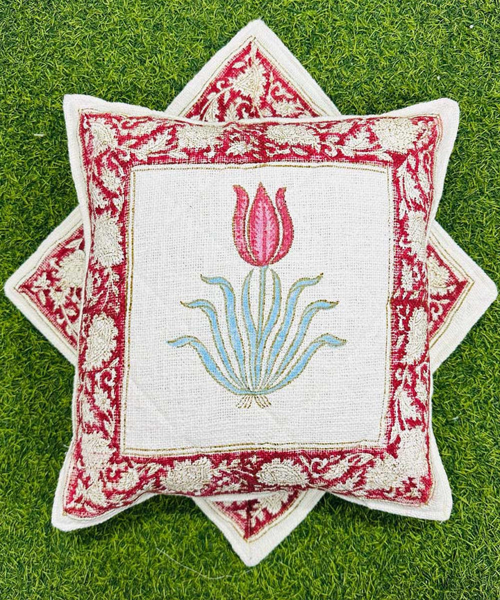 Red white cotton hand block printed quilted foam cushion cover