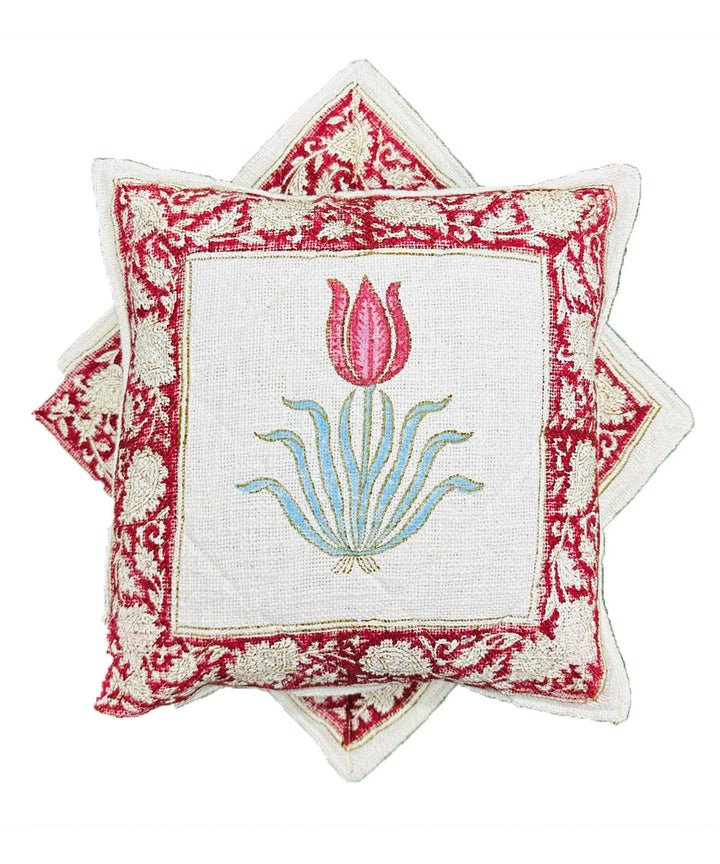 Red white cotton hand block printed quilted foam cushion cover