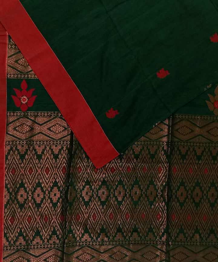Dark green red linen cotton handloom bengal saree