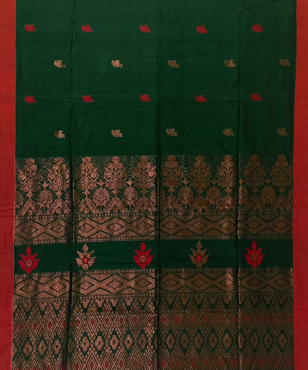 Dark green red linen cotton handloom bengal saree