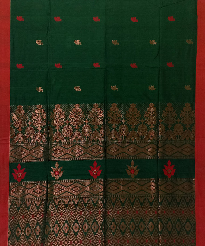 Dark green red linen cotton handloom bengal saree