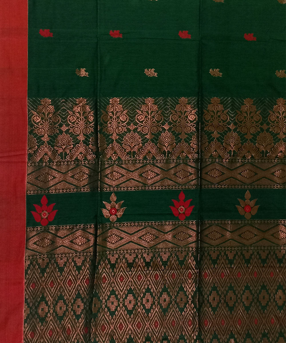 Dark green red linen cotton handloom bengal saree
