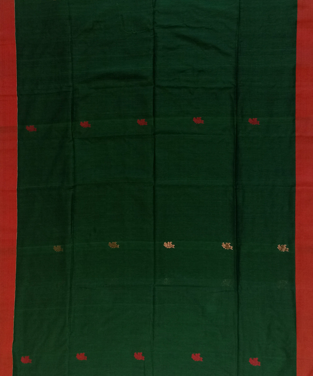 Dark green red linen cotton handloom bengal saree