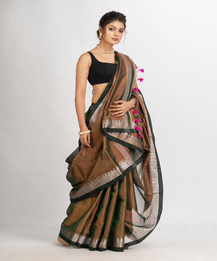 Brown handloom cotton tissue with jacquard border bengal saree