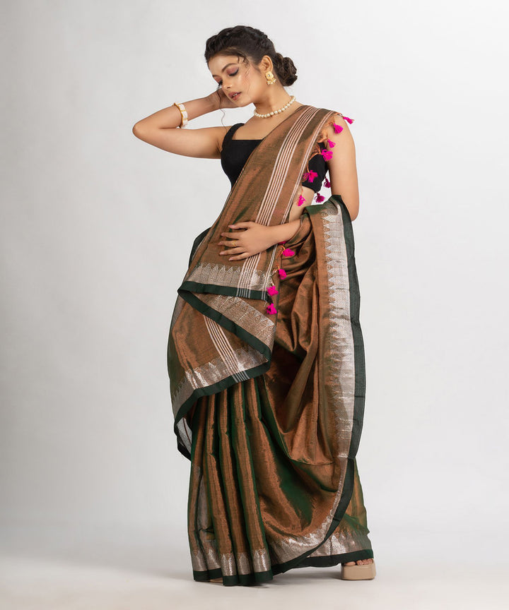 Brown handloom cotton tissue with jacquard border bengal saree