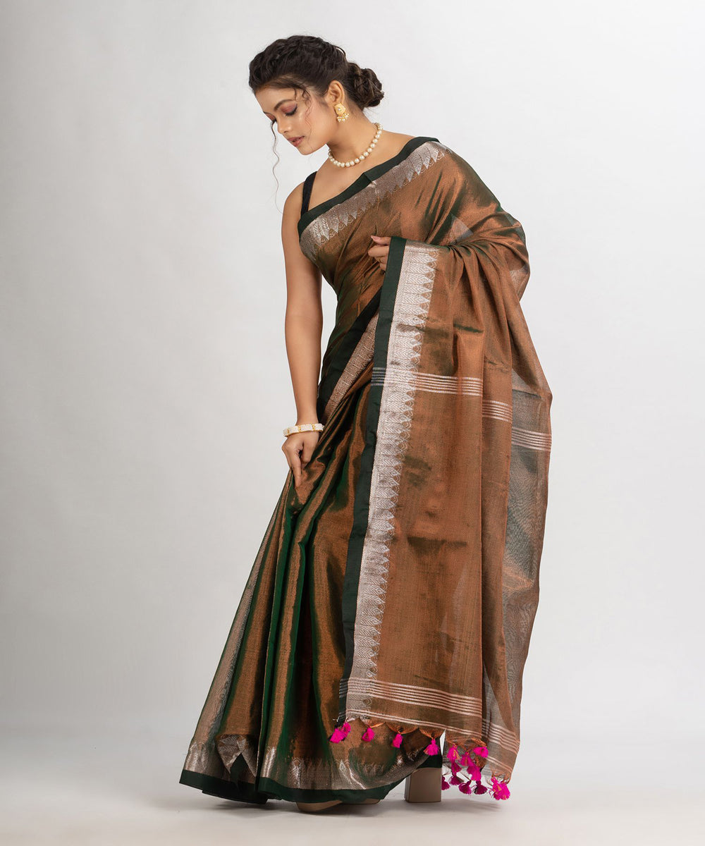 Brown handloom cotton tissue with jacquard border bengal saree