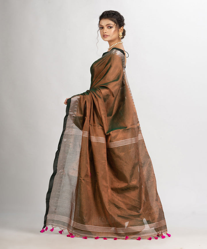 Brown handloom cotton tissue with jacquard border bengal saree