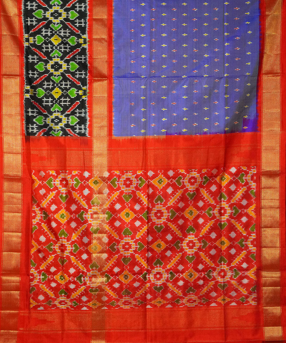 Navy blue red handwoven pochampally ikat silk saree