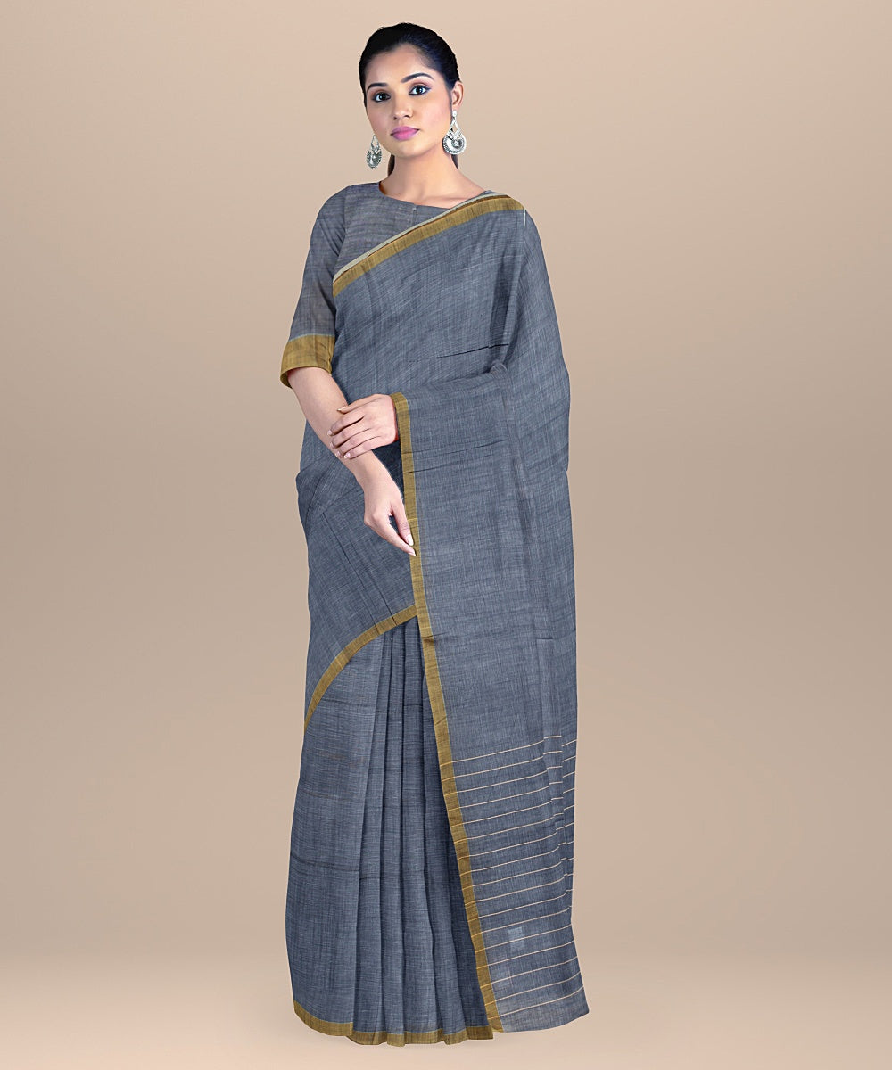 Blueish grey handloom cotton bengal saree