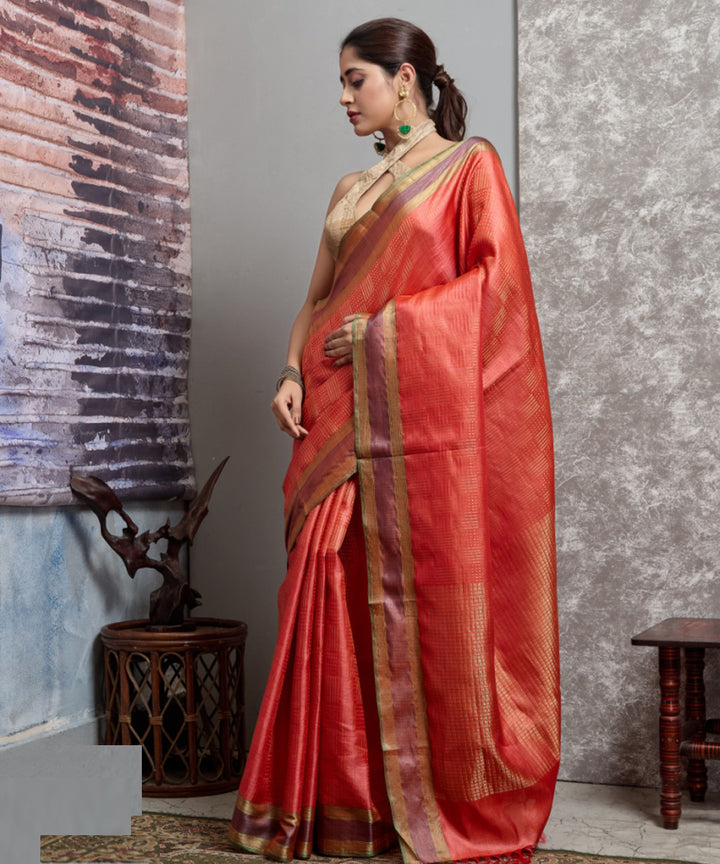 Orange red handwoven tussar silk chhatisgarh saree