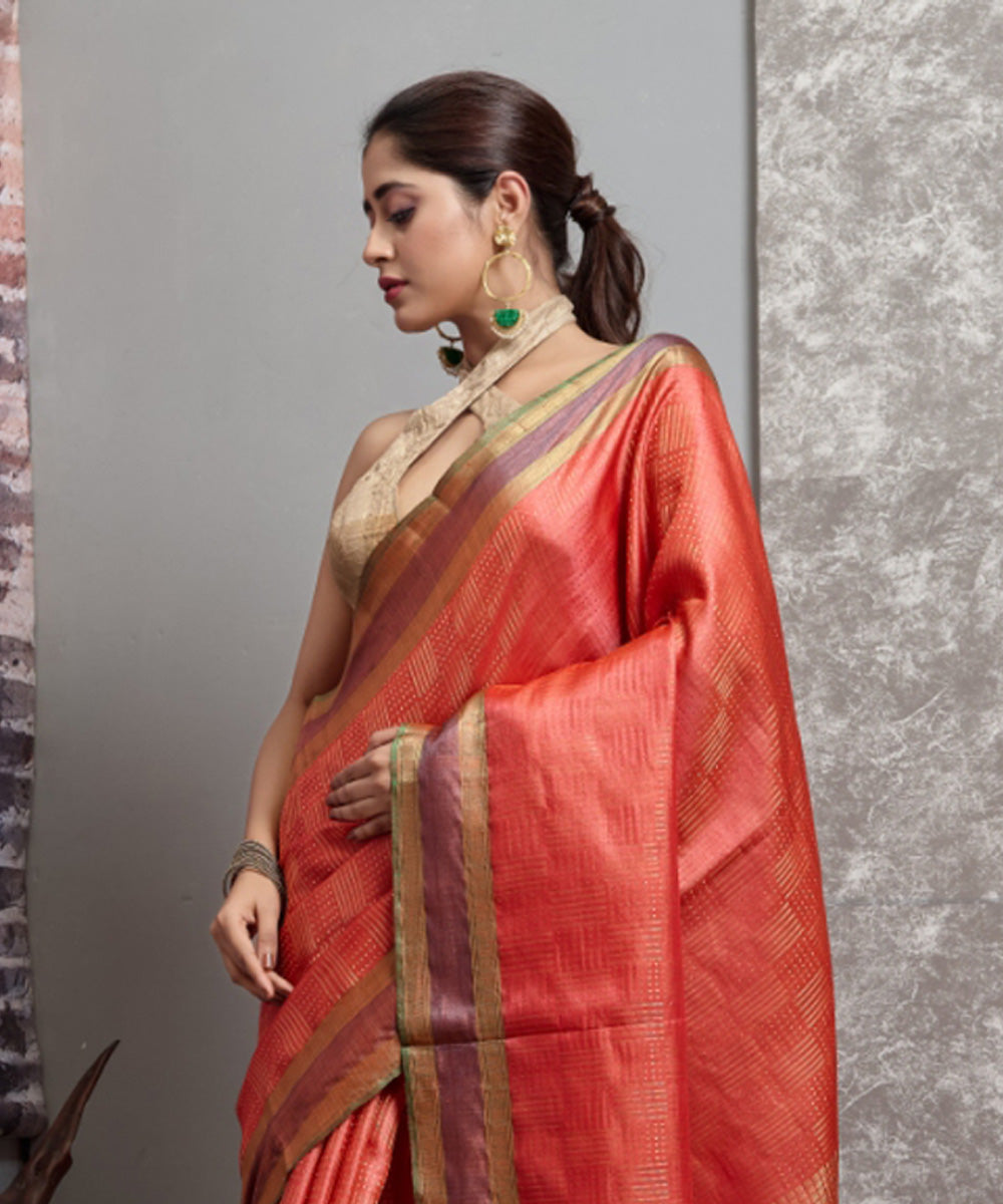 Orange red handwoven tussar silk chhatisgarh saree
