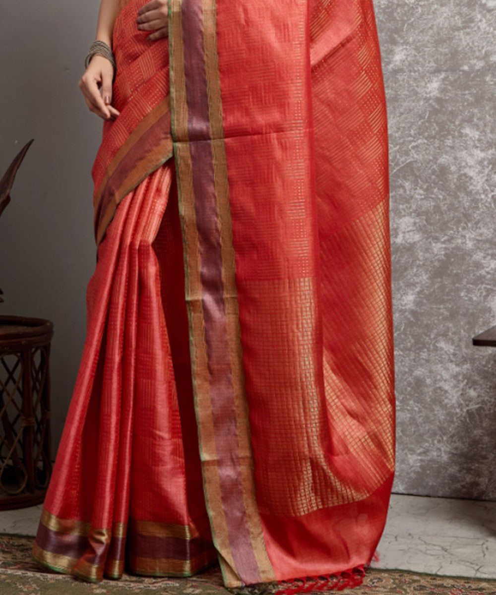 Orange red handwoven tussar silk chhatisgarh saree