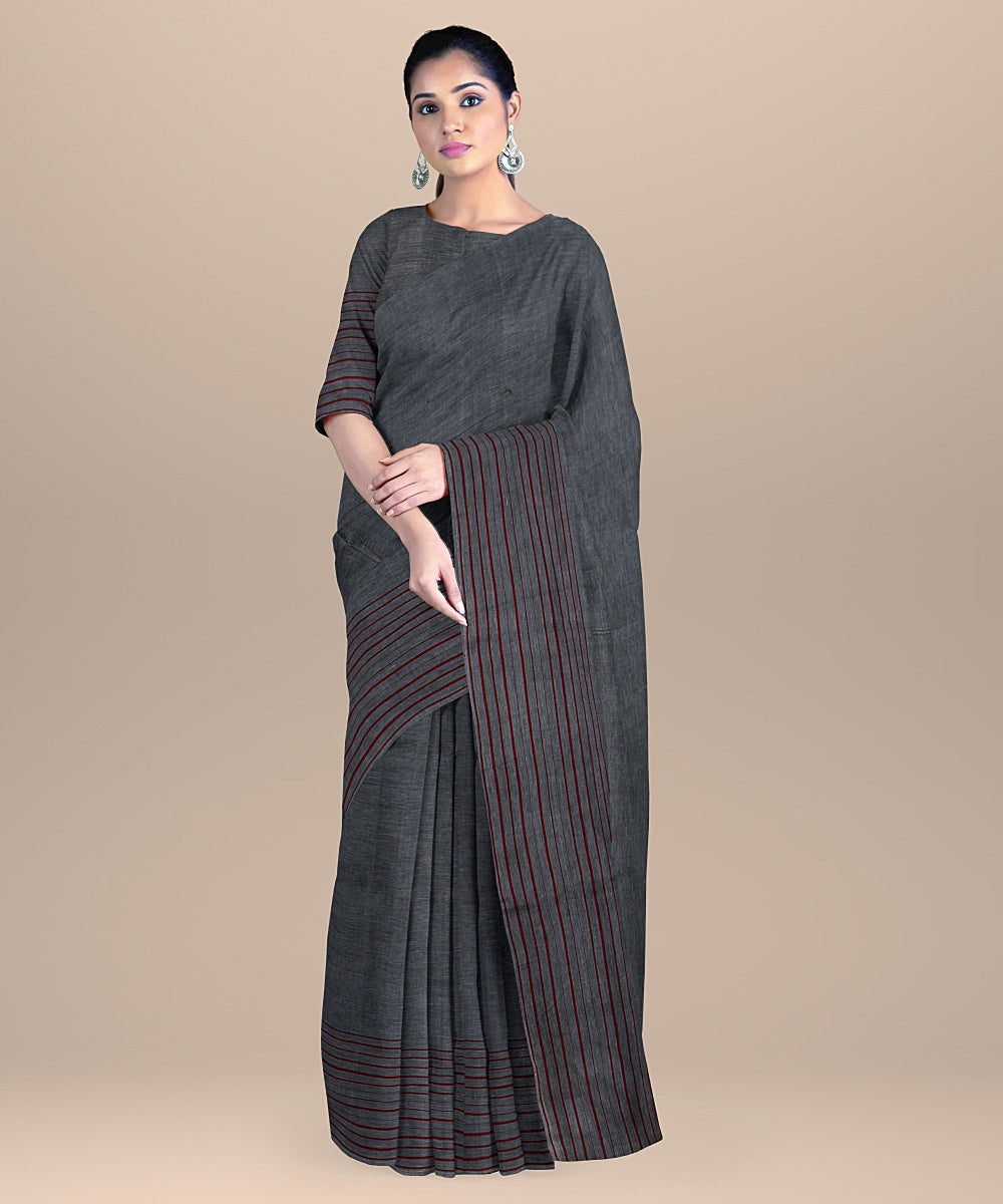 Grey red handwoven cotton bengal saree