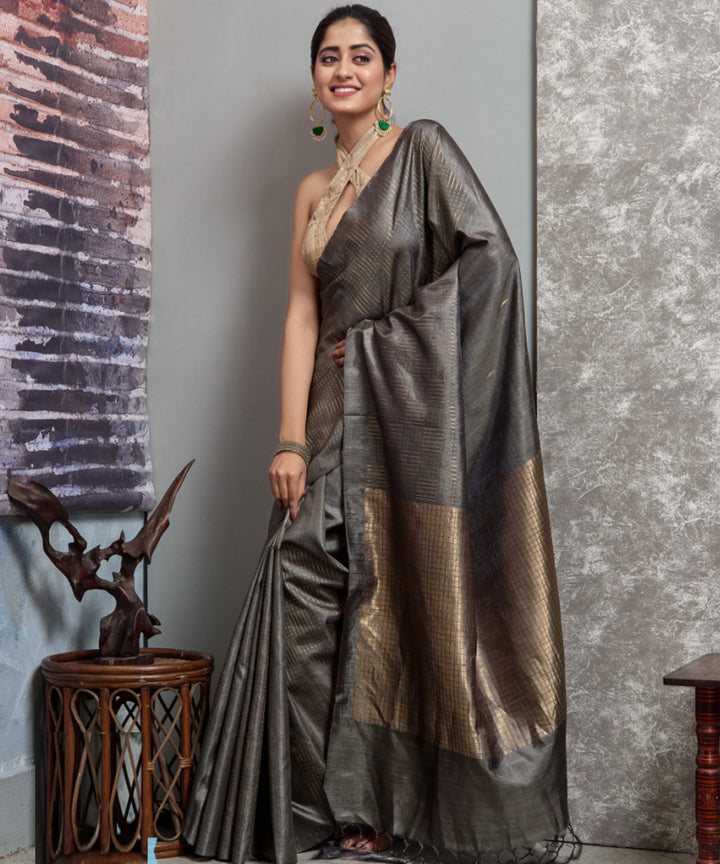 Grey green handwoven tussar silk chhatisgarh saree
