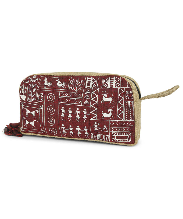 Maroon jute hand printed warli pouch