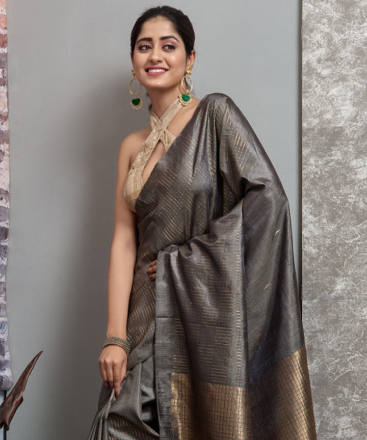 Grey green handwoven tussar silk chhatisgarh saree