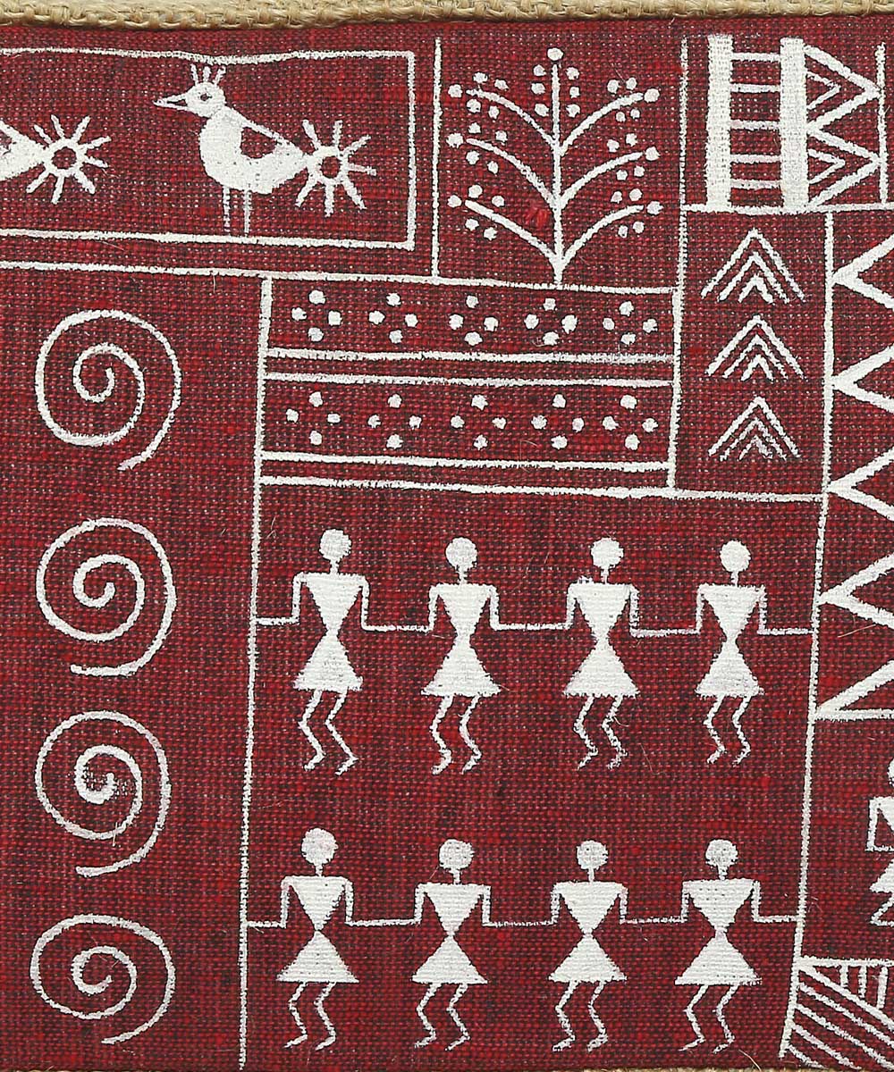 Maroon jute hand printed warli pouch