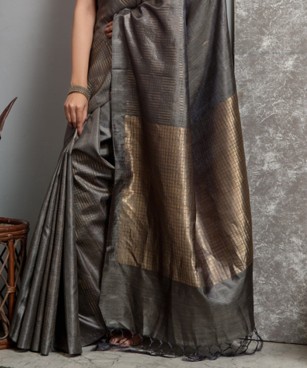 Grey green handwoven tussar silk chhatisgarh saree