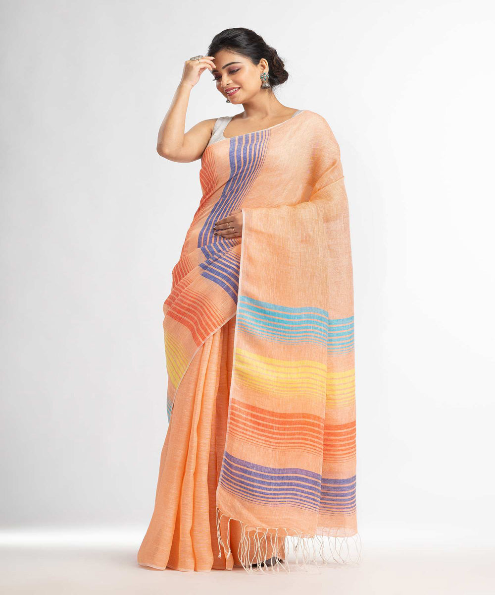 Peach with multicolor pallu handloom bengal linen saree