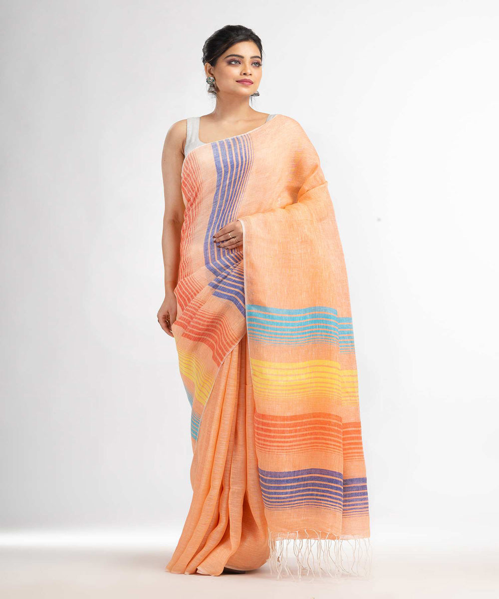 Peach with multicolor pallu handloom bengal linen saree