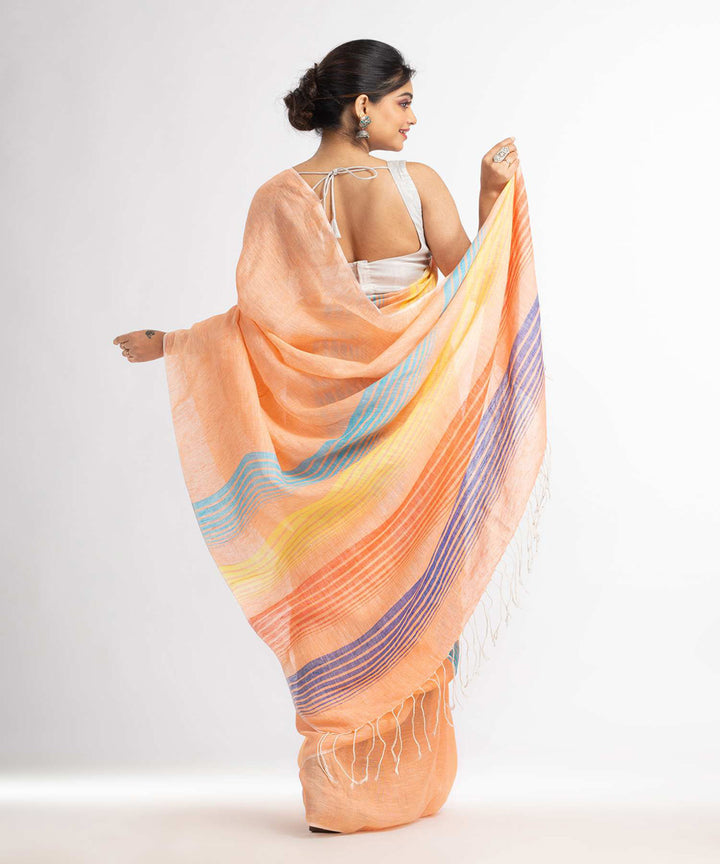 Peach with multicolor pallu handloom bengal linen saree