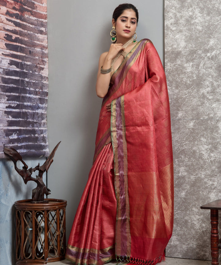 Light red  handwoven chhatisgarh tussar silk saree