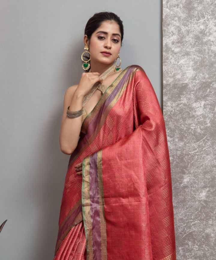 Light red  handwoven chhatisgarh tussar silk saree