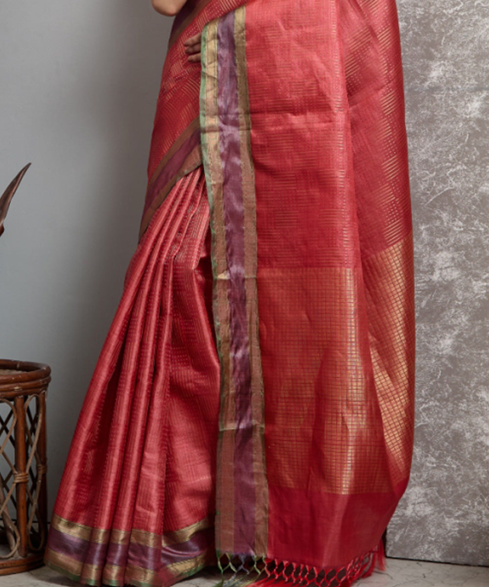 Light red  handwoven chhatisgarh tussar silk saree