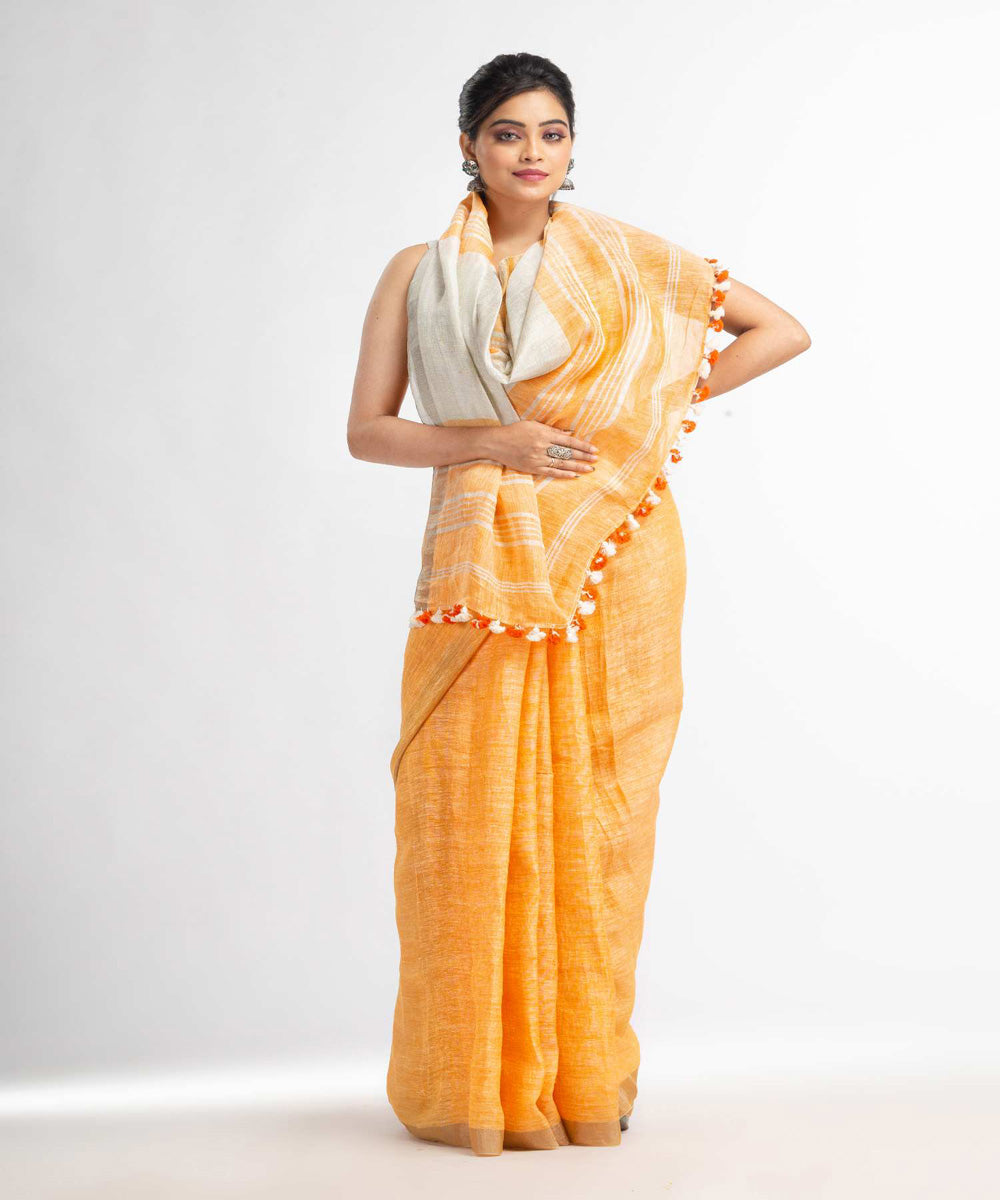 Orange handwoven bengal linen saree
