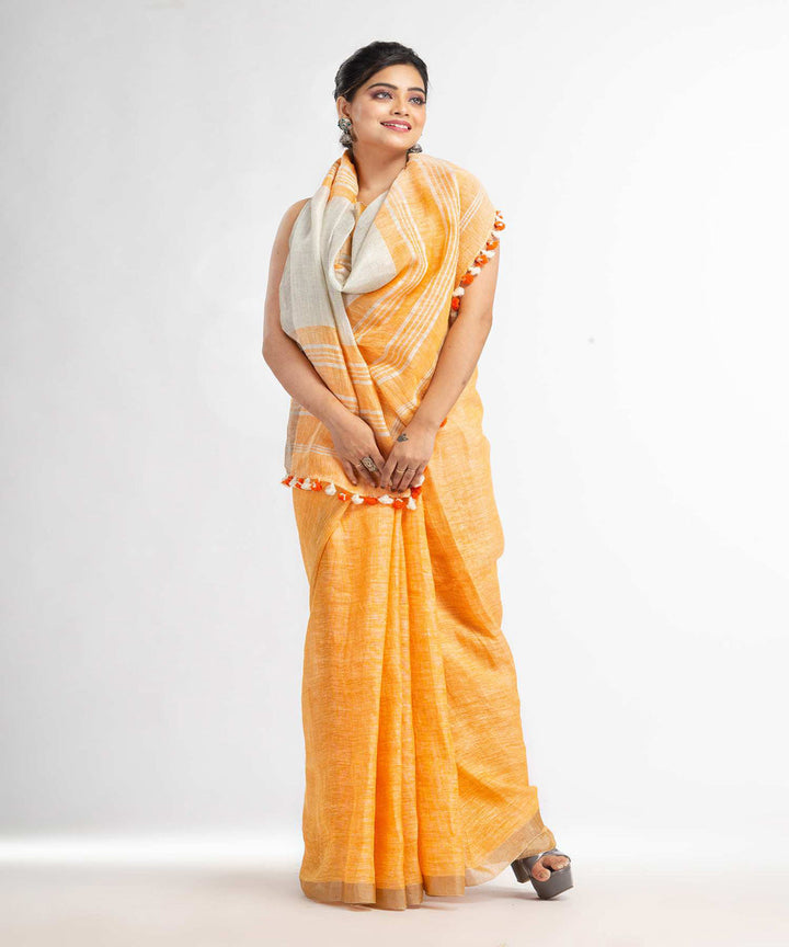 Orange handwoven bengal linen saree