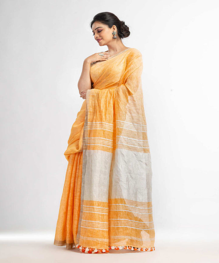 Orange handwoven bengal linen saree
