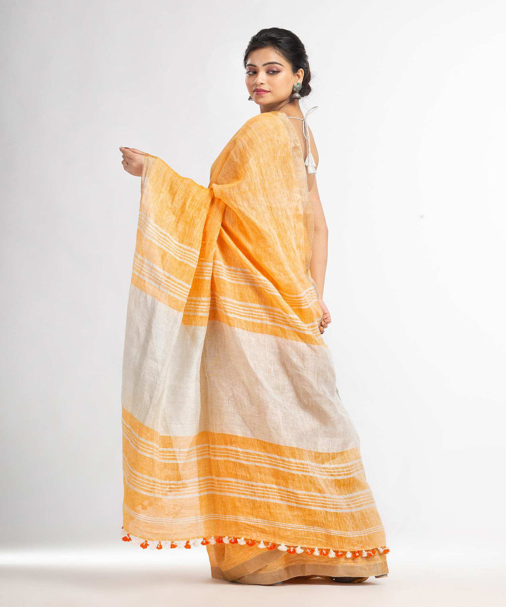 Orange handwoven bengal linen saree