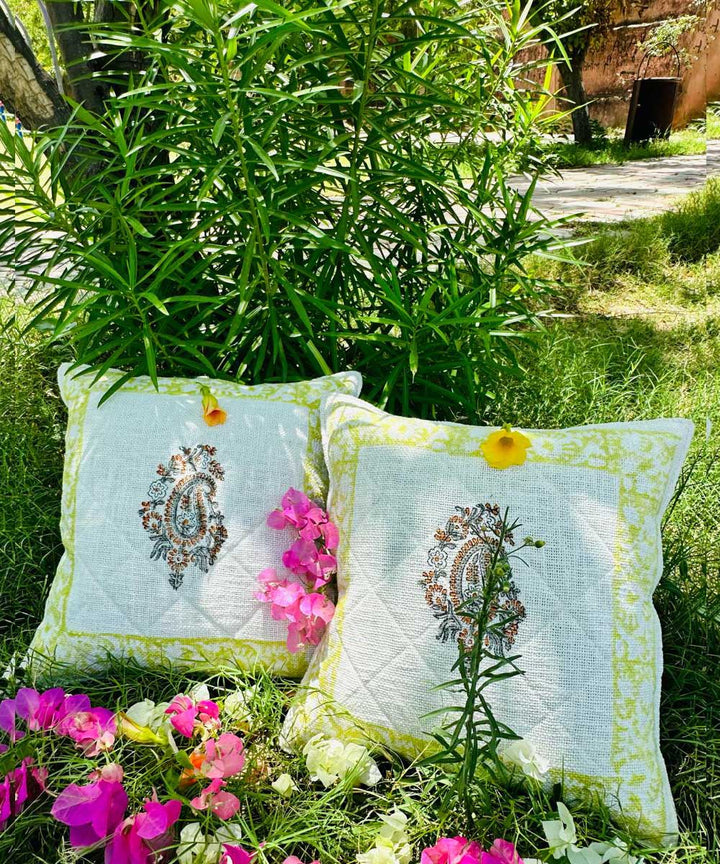 Yellow white block printed quilted foam cotton cushion cover