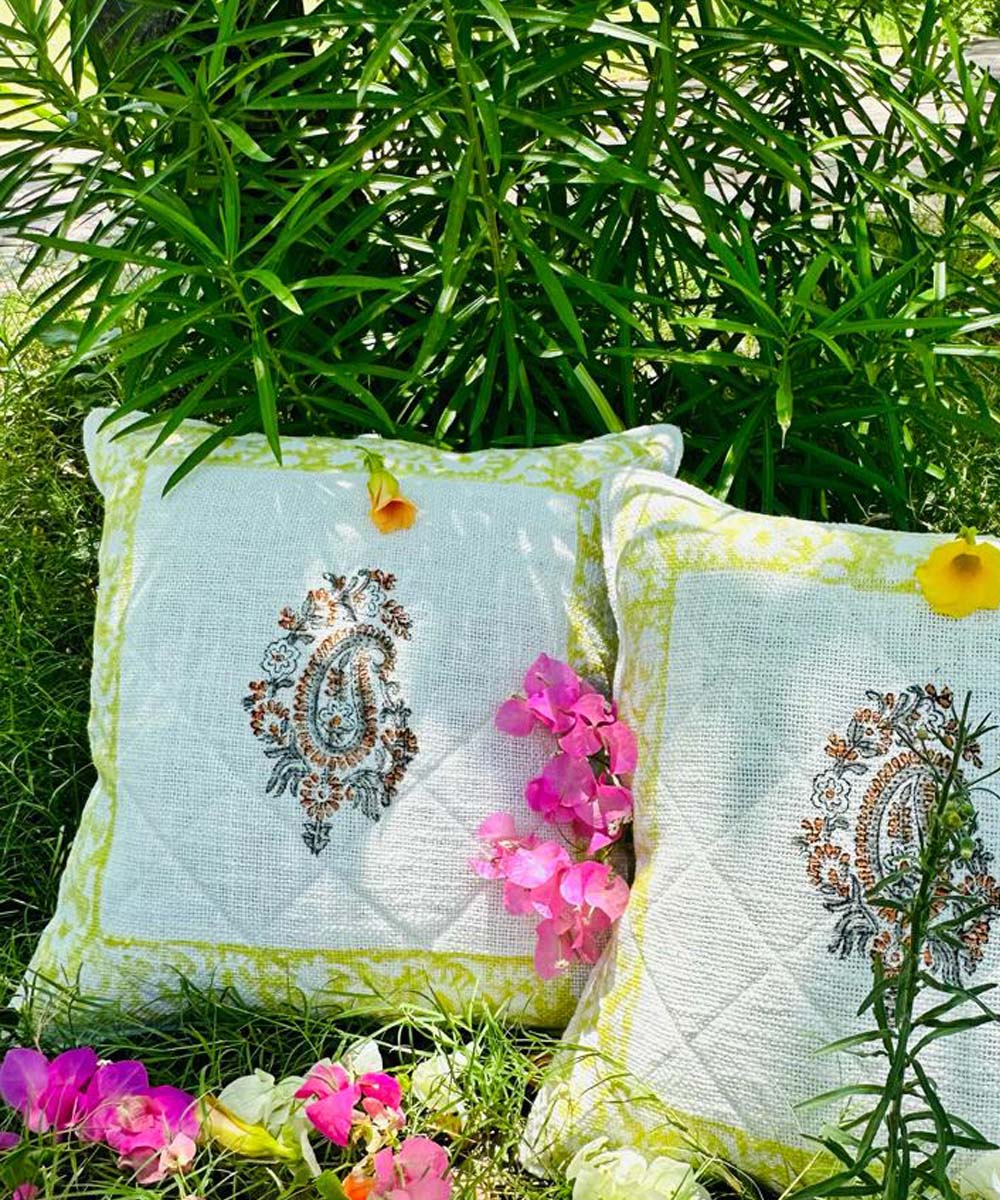 Yellow white block printed quilted foam cotton cushion cover
